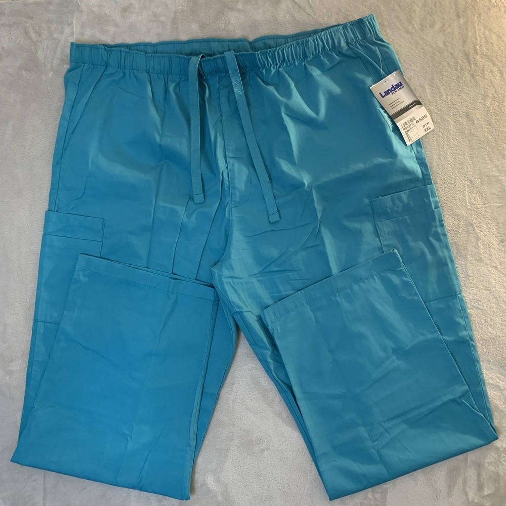 Landau NEW Mens Scrub Pants Bluish Teal Draw String 7 Pockets XXL